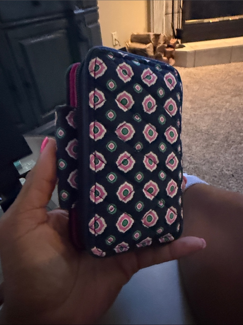 Vera Bradley Quilted Navy Phone Wallet Case with Pink Floral Pattern
